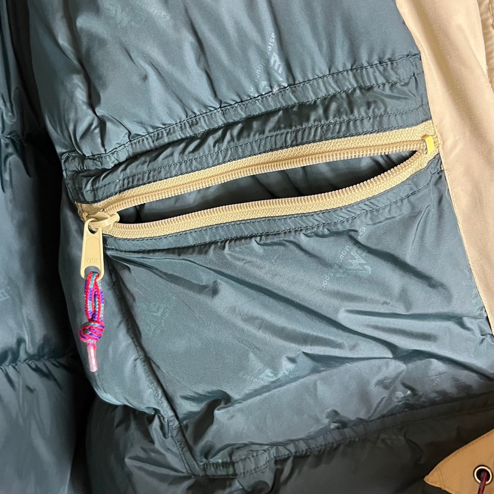 Vintage EMS Goose Down Parka XXL Hooded Beige Green Y2K Ski Winter Outerwear - Picture 10 of 16